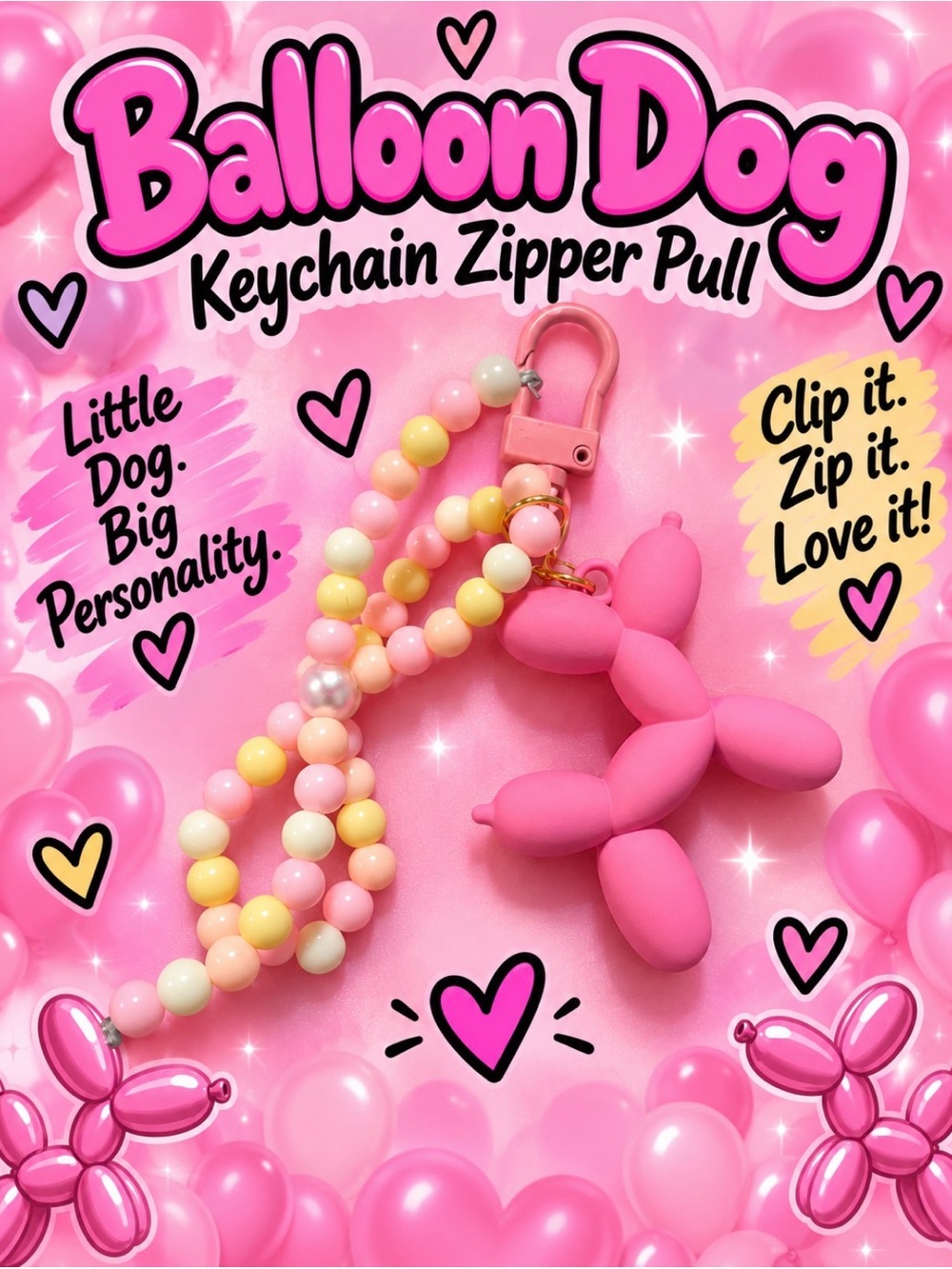 Balloon Dog Keychain Zipper Pull - Pink